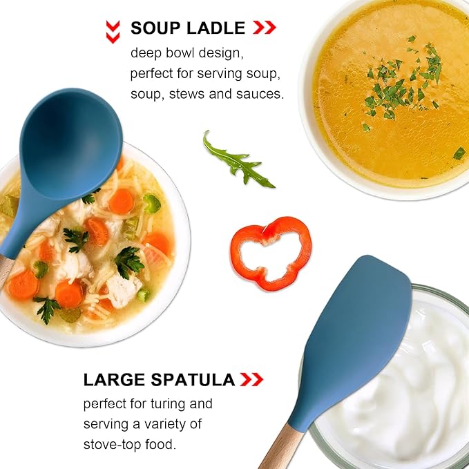 Silicone Kitchen Cooking Utensils Set 5Pcs Non-Stick Silicone Kitchen Utensils Set Spatula Spoon Turner Ladle with Wooden Handle, Heat Resistant Cooking Gadgets for Nonstick Cookware BPA-FREE