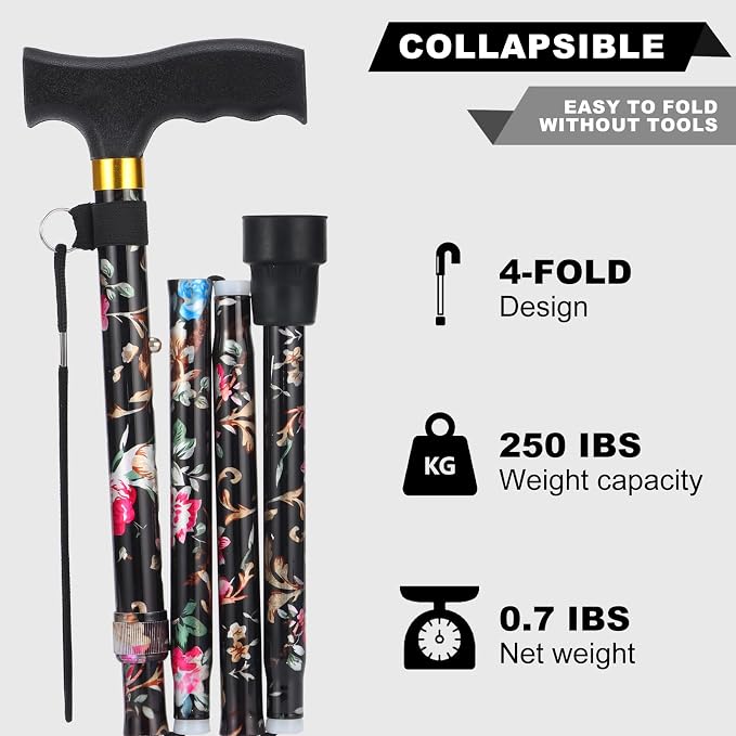PARLORA Walking Cane for Women and Men, Collapsible, Lightweight, Sleek, Foldable Folding Cane | Walking Sticks for Seniors & Adults with Comfortable T-Handle