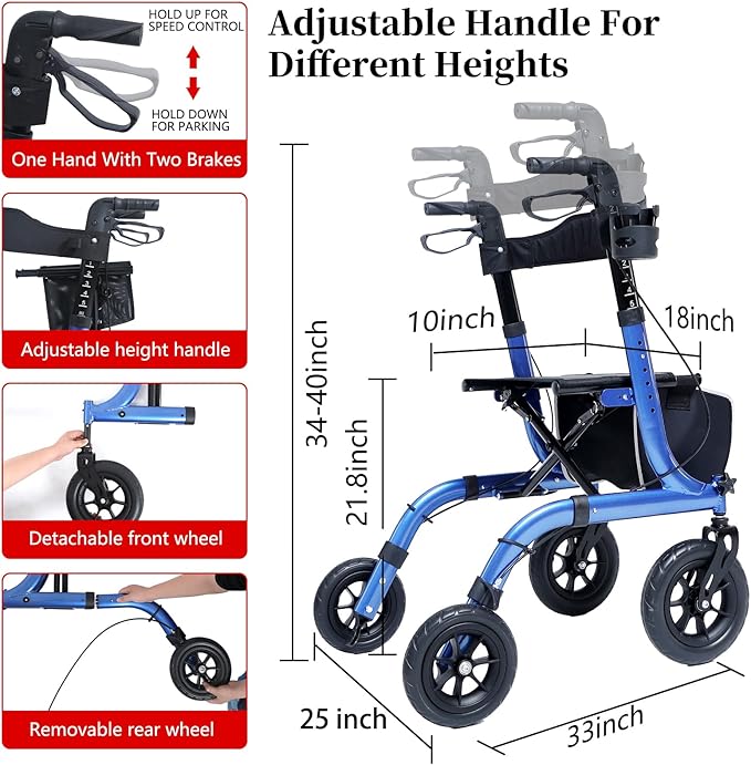 Rollator Walker for Seniors, Lightweight Foldable All Terrain Rolling Walker with seat, Aluminum Walkers with 10 inch Rubber Wheels, Handles and Backrest for Seniors and Adult