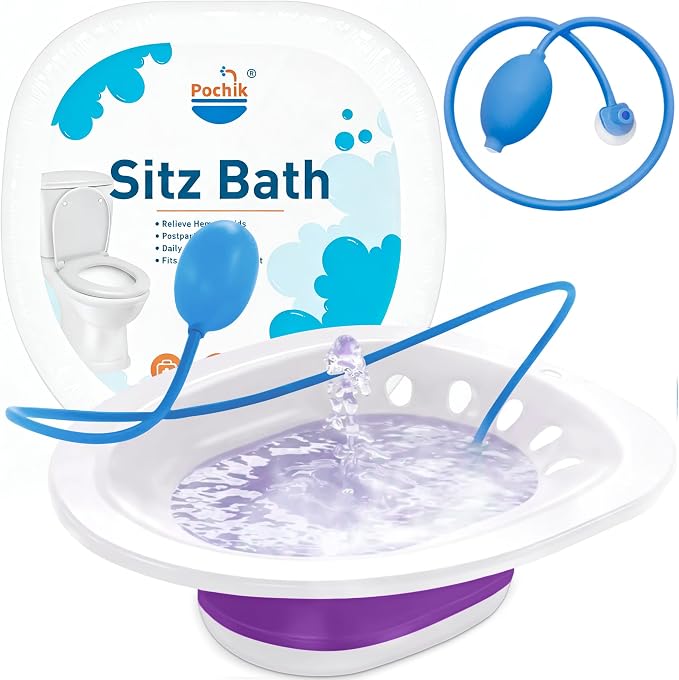 Pochik Sitz Bath for Toilet Seat Hemorrhoids and Postpartum Care, Yoni Steam Seat, Perineal Soaking, Collapsible, Flusher Hose, Drain Holes, Wider Seating Area - Purple