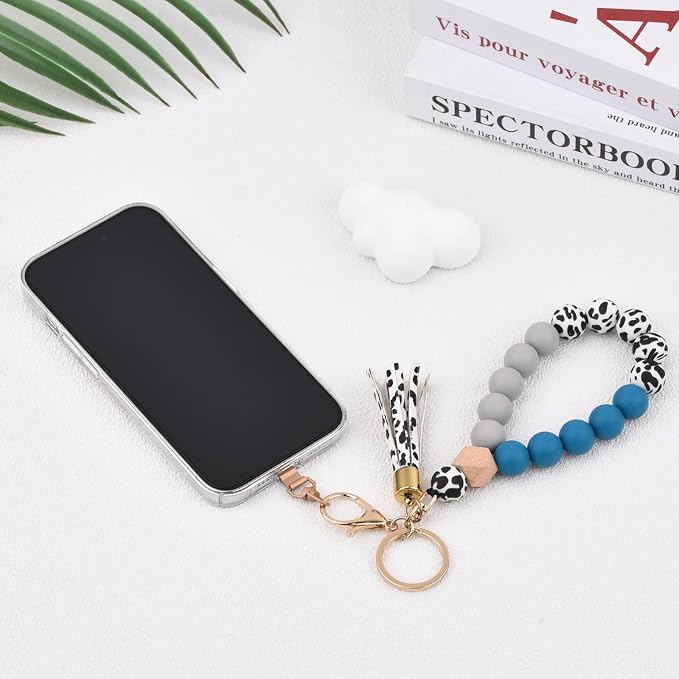 BAOSIWA Silicone Key Ring Bracelet Wristlet Keychain Unique Beaded Bangle Key Chains for Women with Leather Tassel