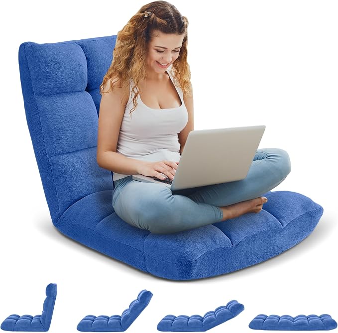 Folding Floor Gaming Chair 14-Poistion Cushioned Adjustable Floor Lazy Sofa Chair w/Breathable Cotton & Skin-Friendly Velvet for Adults & Kids Perfect for Reading Gaming Meditating, Babyblue