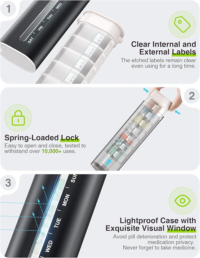 Zannaki Aluminum 7 Day Weekly Pill Organizer, Portable Travel Pill Case with Three Layer Seal, Large Capacity Cute Daily Pill Box, Pill Holder Container for Vitamins, Pills, Supplements and Medication