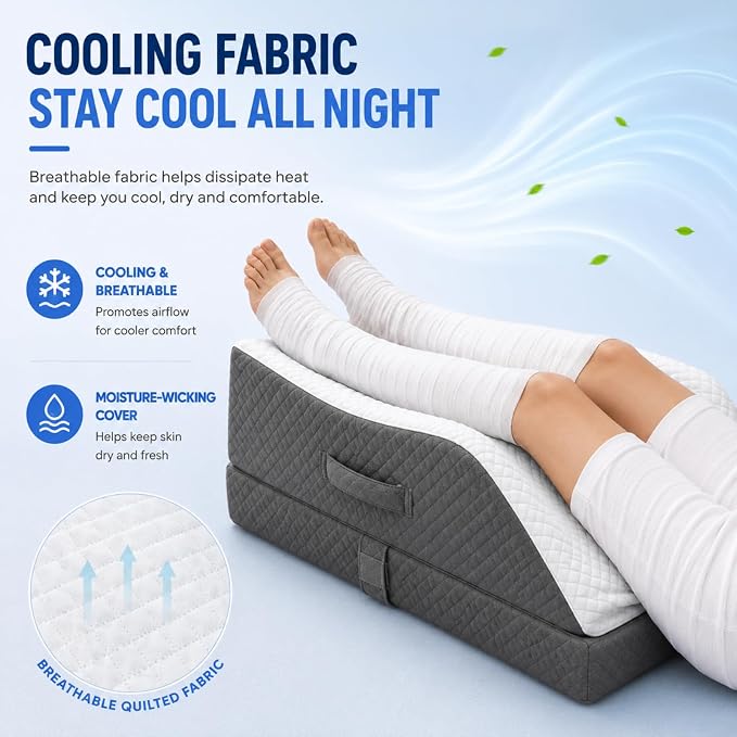 Cooling Leg Elevation Pillow, 3-Height Adjustable Leg Rest Support | Cooling fabric wedge pillow for both legs, knees & ankles, with memory foam comfort for post-surgery rest and swelling relief