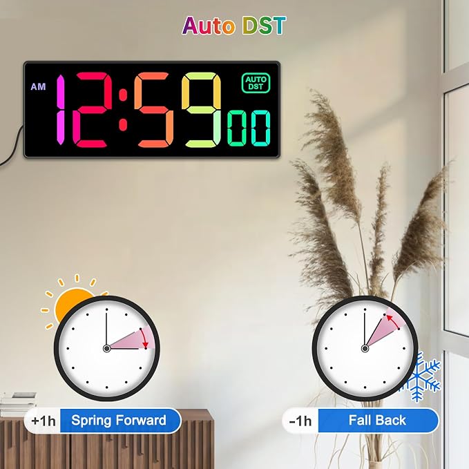 Soobest Digital Wall Clock with Remote Countdown Electrical Timer Seconds for Gym Living Room Office Classroom, 8 RGB Colors, Auto DST, Corded Plug in Large Display 5 Dimmer (10.2" Multicolor)