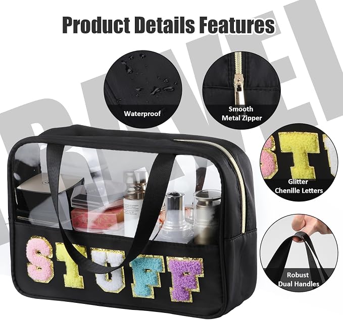 BuyCard Chenille Letter Patch Clear Travel Bags, Preppy PVC&Nylon Makeup Bag with Handle and Zipper, Waterproof Large Clear Travel Toiletry Bag Storage Bag for Women Girls