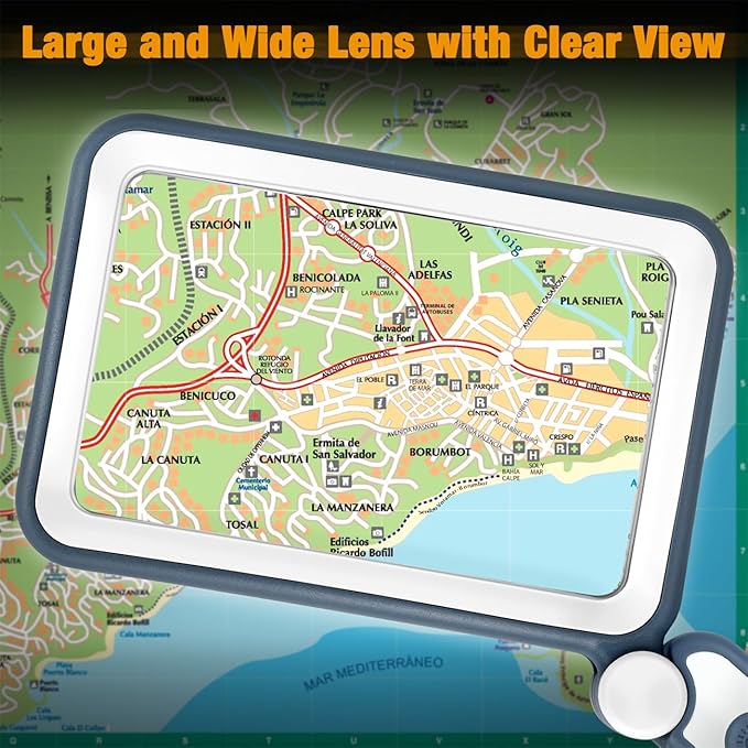 Rechargeable Magnifying Glass with Light for Reading, 5X Large Page Magnifier with LED Lighted for Seniors Low Vision, Folding Handheld Rectangle Magnifier for Reading Small Print, Blue-White