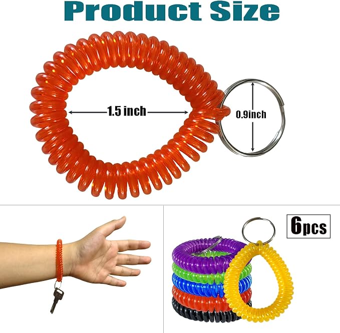 Pack of 6 Colorful Spring Spiral Wrist Coil Key Chain, Wristband Key Ring