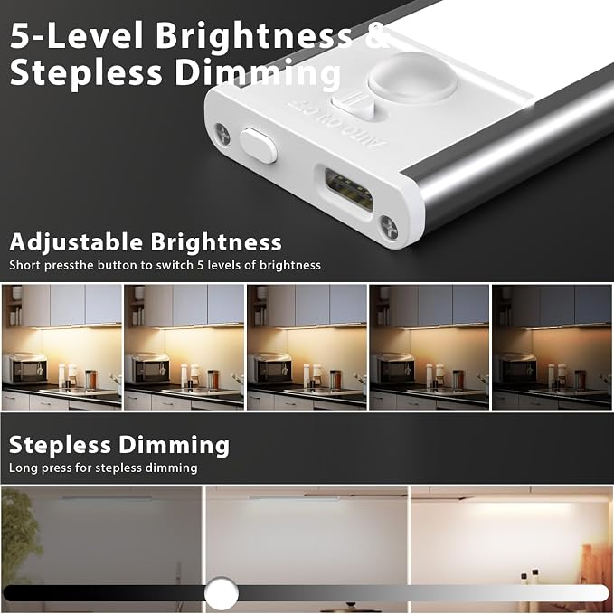 DAYBETTER 12inch Under Cabinet Lighting,2 Pack Motion Sensor Light Indoor | Rechargeable,3 Color Temps,5 Levels Dimmable,Magnetic Closet Light Battery Operated,Wireless Under Counter Lights for Kitchen