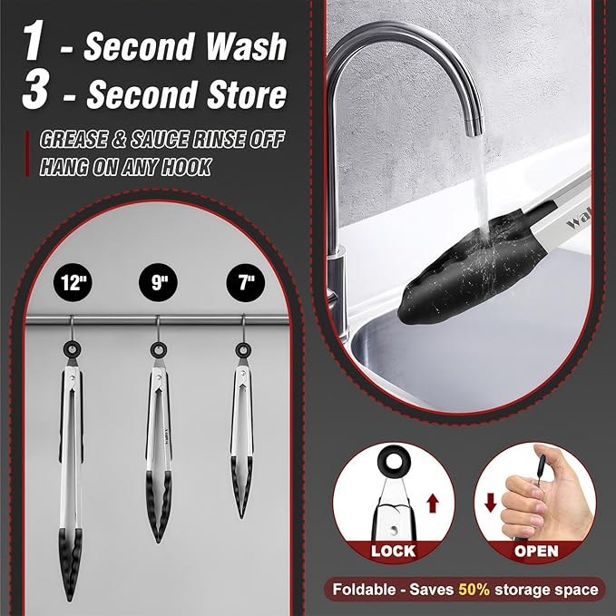 Walfos Kitchen Tongs - Heat Resistant Cooking Tongs Set of 3, Stainless Steel and BPA Free Silicone Tips, Great for Cooking, Grilling, Turning, 7" 9" and 12" (3 black silicone tongs)