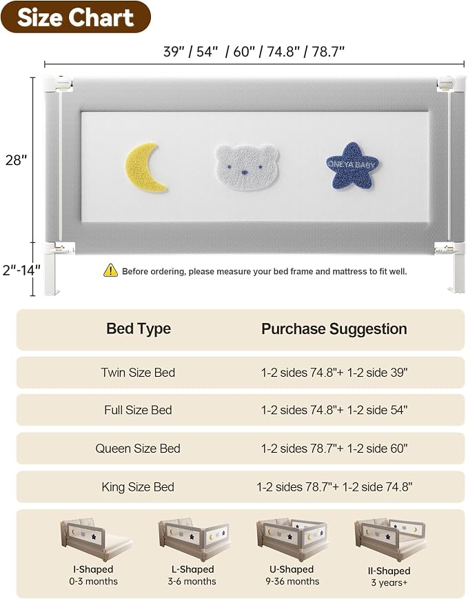 74.8” Baby Bed Rail Guard for Toddlers, Thickened Toddler Bed Rails | Height Adjustable, Extral Tall Child Safety Side Railing Guards/Bedrail for Kids,Grey Star, 1 Side 74.8" Lx28 H