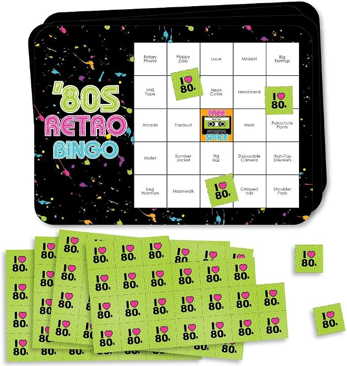 Big Dot of Happiness 80’s Retro - Bar Bingo Cards and Markers - Totally 1980s Party Bingo Game - Set of 18