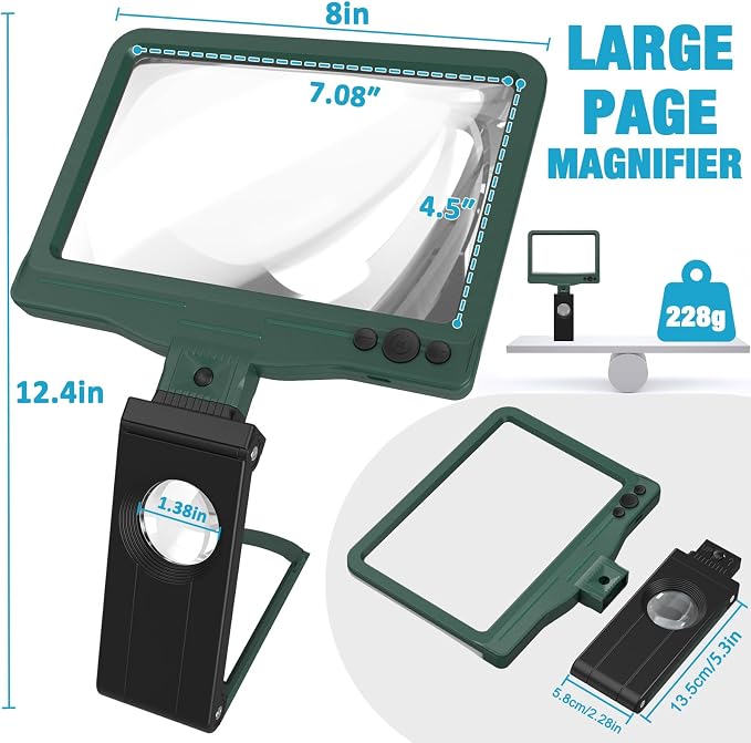 30X 6X Rechargeable Magnifying Glass for Reading, Large Full Page Magnifier with Folding Stand, 3 Color Light Modes, Dimmable LED Lighted, Hands Free Book Magnifier for Low Vision Seniors, Green-Black