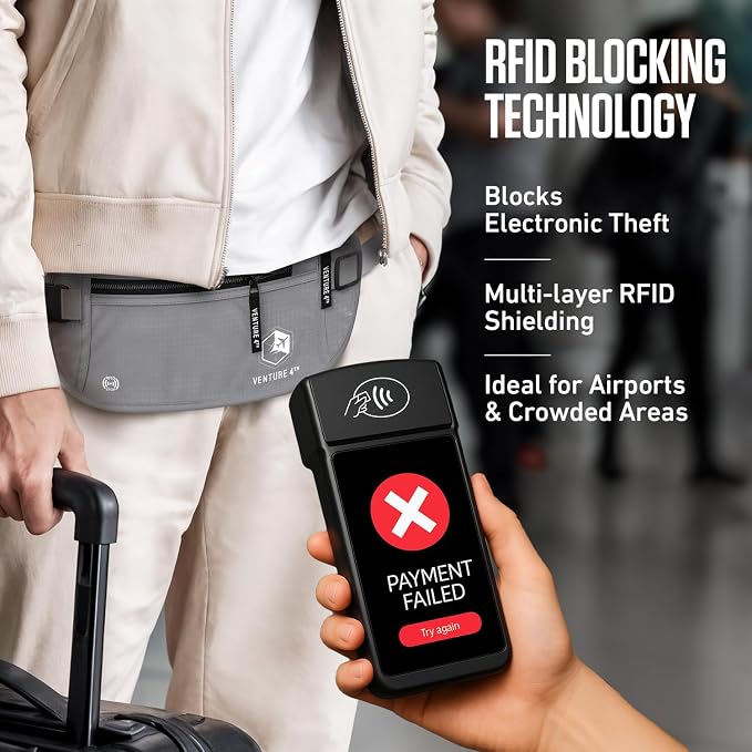 VENTURE 4TH Travel Money Belt, RFID Blocking Passport Holder - Silver