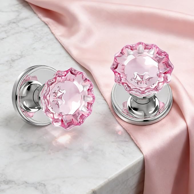 Pink Crystal Glass Dummy Door Knobs Glass Door Knobs Interior | for Closets, French Double Doors, and Pantry, Polished Chrome Non-Turning, 2 Pack