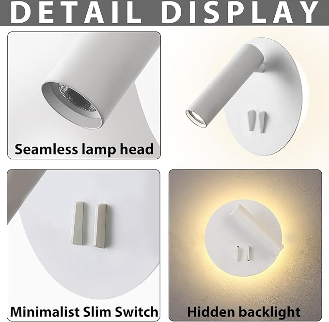 ZEROUNO Bedroom Wall Lamp with Switch Reading Light Hardwired Sconces Which Angle Adjustable for Bed-Side Interior Design (White)