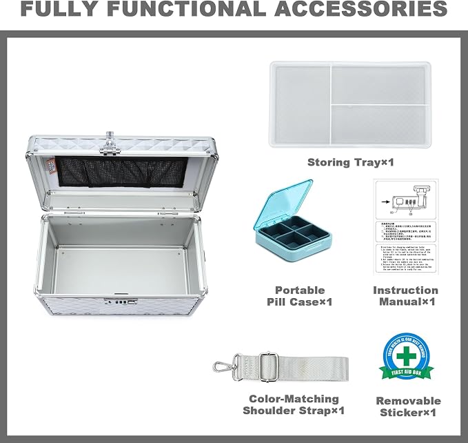 Storage Lock Box with Combination Lock, Lockable Medicine Storage Box, Empty First Aid Box, Security Lock Box, Multipurpose Locking Box for Home and Outdoor Use (Silver, Large)