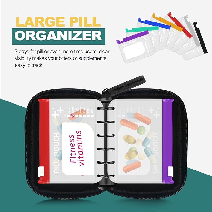 A7 Waterproof Pill Organizer with 7 PCS L Size Zippered Pill Pouches for A7 Binder, Large BPA-Free Weekly Medicine Organizer, Color-Coded Reusable Travel Pill Storage System