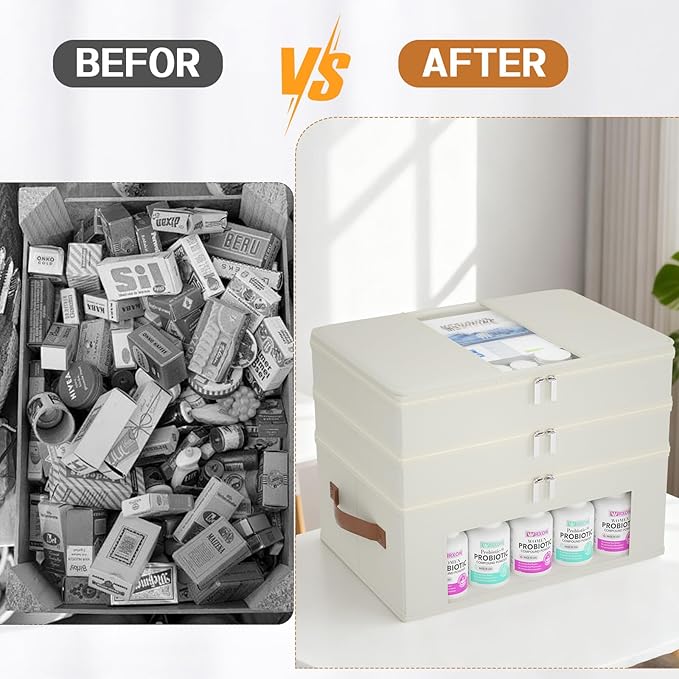 3-Tier Medicine Cabinet Organizer, Fabric Medicine Organizer for Cabinet with Leather Handle, Medicine Storage Box for First Aid, Organizers and Storage Home Must Haves (Beige)