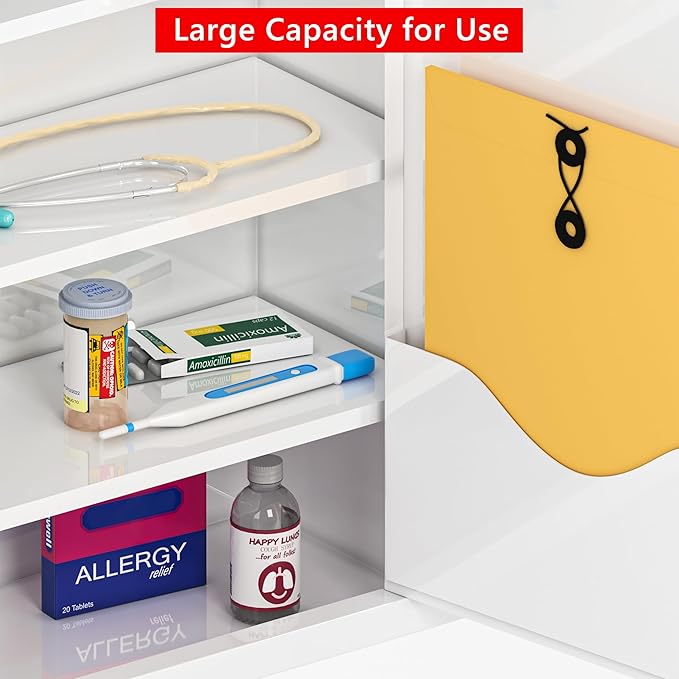 Locking Medicine Cabinet for Bathroom: Wall Mount Medical Box for Medication Storage - Large Capacity First Aid Wall Cabinet for Home, School, Office (White)