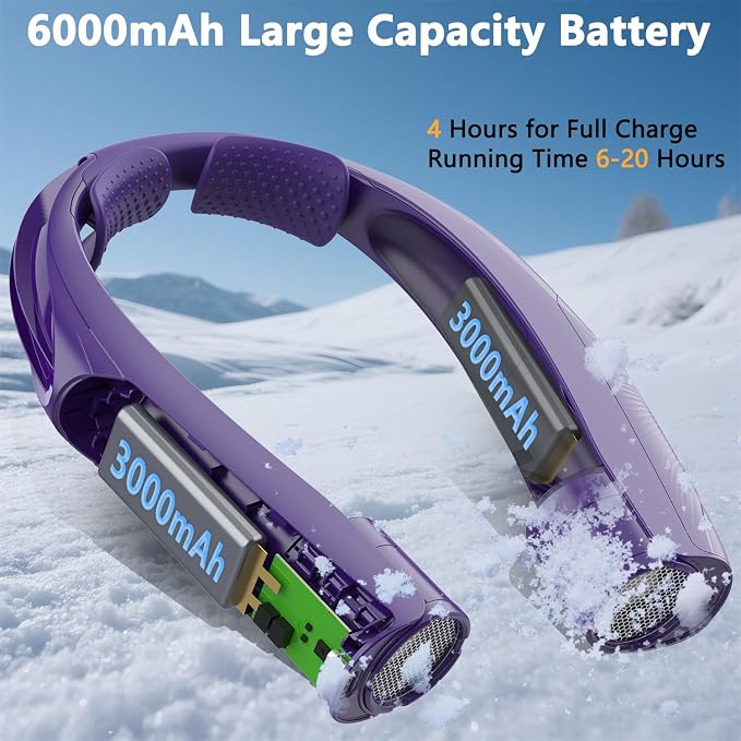 Neck Fan, 6000mAh USB Rechargeable Hands Free Personal Fan, 6 Speeds Adjustable Portable Neck Fans, Faster Cooling Wearable Fan, Ultra Quiet for Outdoor, Travel, Home, Office - Purple