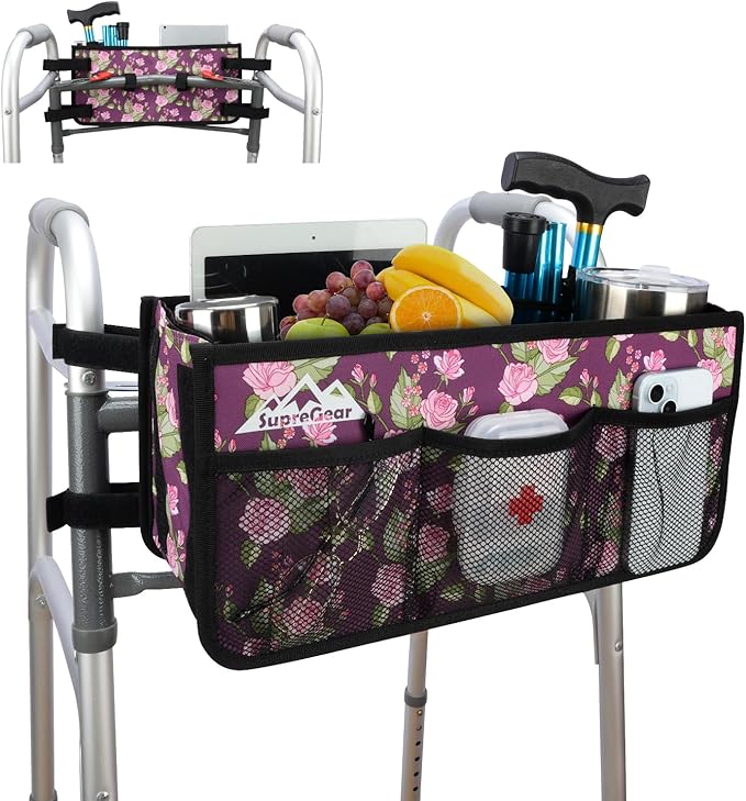 supregear Walker Basket, Foldable Walker Bag with Cup Holder, Storage Pouch with Large Capacity and Never Tipping Over, Hand-Free for Seniors Elderly, Not Fit for Rollator, Floral Purple
