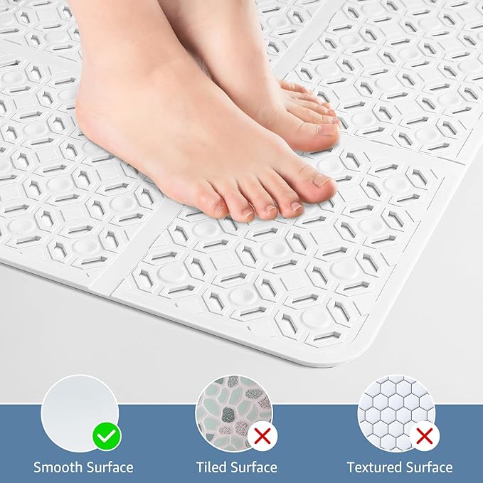 Yolife Square Shower Mat, 27" x 27" Large Shower Mat with Center Drain Hole, Soft TPE Non Slip Shower Mats for Inside Shower with Suction Cups, Anti Slip Washable Shower Floor Mat, White