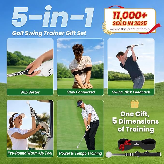 5-in-1 Retractable Golf Swing Trainer, Training Aid with Grip Trainer, Grip Correction for Beginners & Tempo Training for Advanced, Click Feedback, Right/Left-Handed