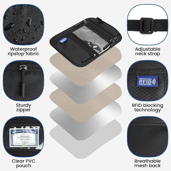 2Pack Passport Holder for Travel,Easy to Conceal Travel Neck Wallet | RFID Blocking Nylon Travel Pouch Family Passport Holder Organizer Case - Holds Cash, Cards, Keys
