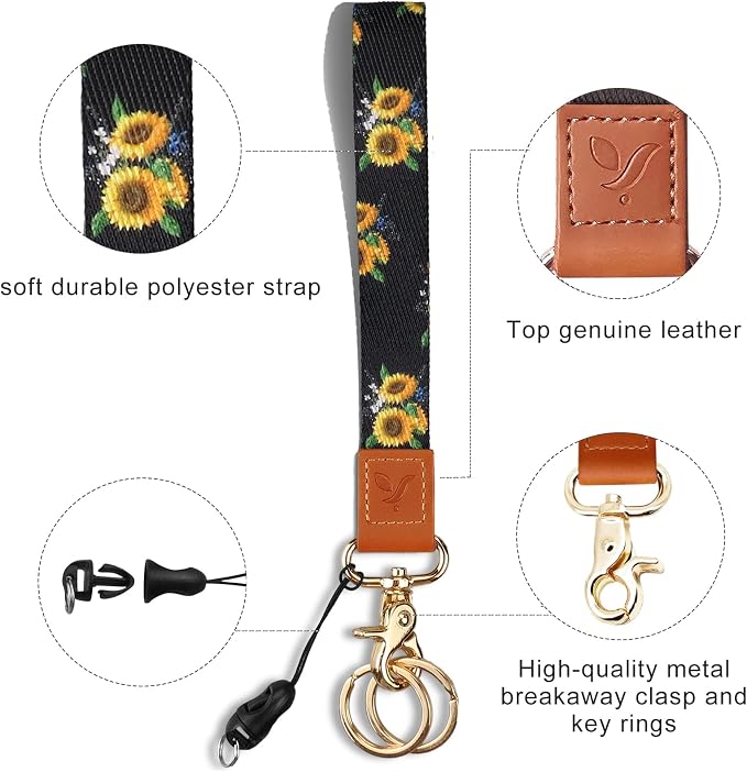 Yiflin Cute Wrist Lanyard for Keys, Keychain, Wallet, Id Holder, Cell Phone, Wristlet Lanyard Key Chain Holder（Natural Sunflower）