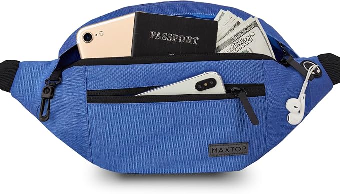 Large Blue Crossbody Fanny Pack for Women Men,Idea Gift for Travel Running | 4-Zipper Pockets,Key Chain,Polyester,Ideal Gifts for Enjoy Sports Traveling Yoga Casual Hands-Free Waist Carrying All Phones