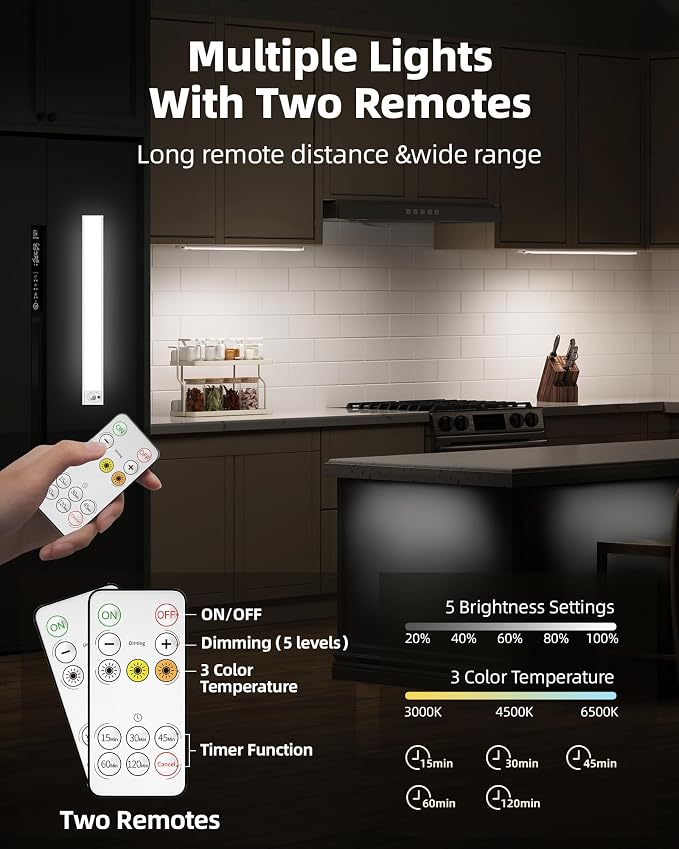 4Pack 16inch Under Cabinet Lighting, Rechargeable Motion Sensor Light Wireless Indoor, Dimmable 3 Color Temps Closet Lights, Under Counter LED Lights for Kitchen, Stairs