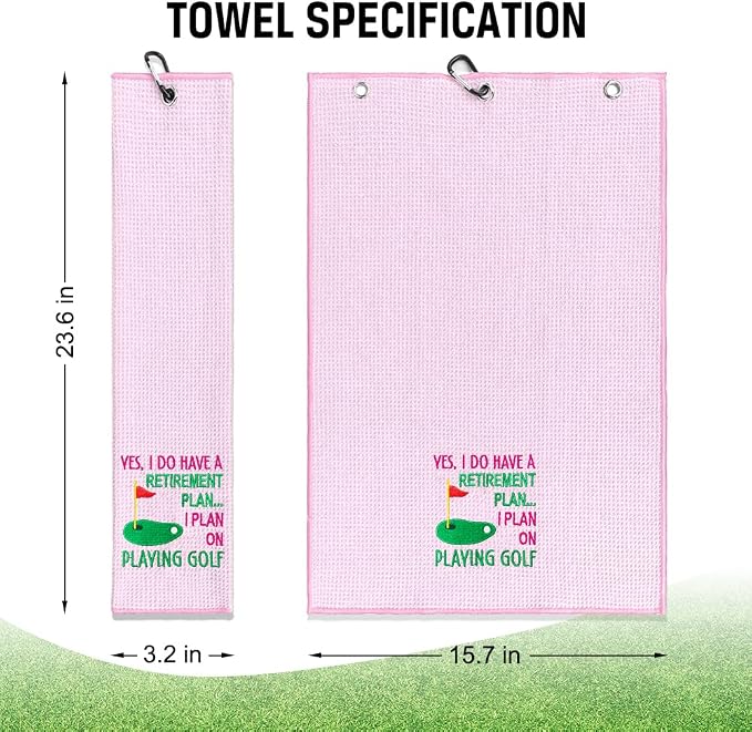 ERHACHAIJIA Yes I'd Have A Retirement Plan Embroidered Golf Towel with Clip. Funny Golf Accessories Gifts for Women Golfer Grandma Mom Aunty, Retirement (Pink)