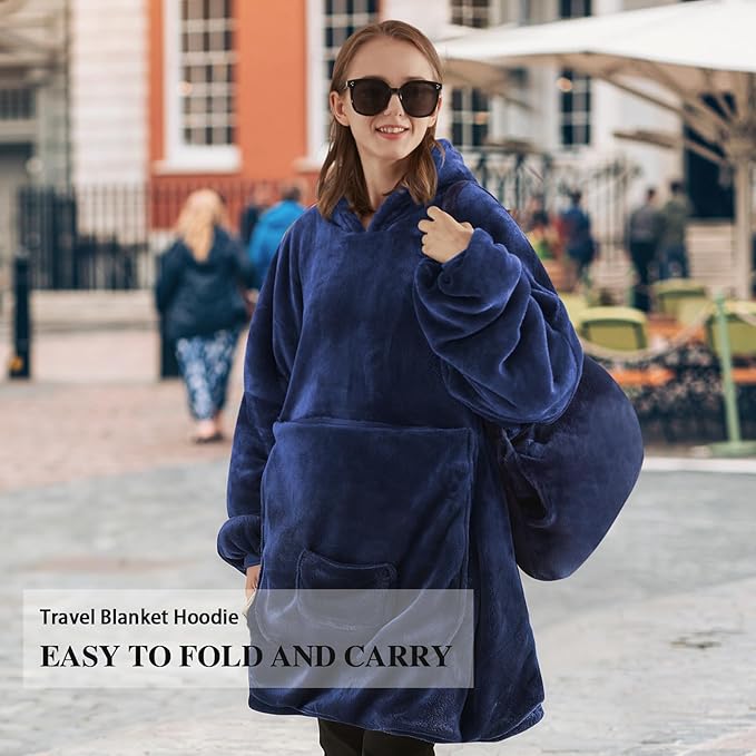 JOYWOO Navy Foldable Wearable Blanket Hoodie,Oversized Cat Lovers Sweatshirt Blanket for Adult, Birthday Gifts for Men,Dad,Husband Cozy Fuzzy Sherpa Hooded Blanket with Giant Pocket and Winter Gifts