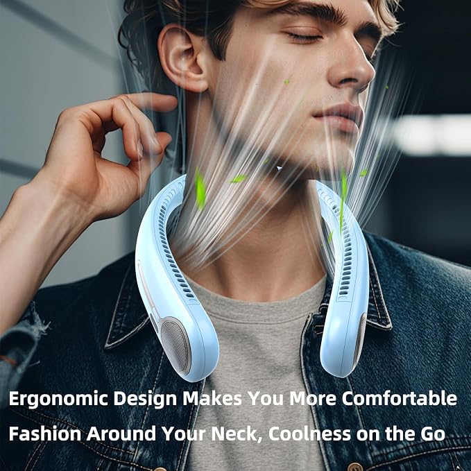 Portable Neck Fan, Personal Wearable Bladeless Fan, 6000mAh USB Rechargeable, 360° Airflow, LED Display, 4-Speeds, Hands Free Fan for Outdoor Indoor, Birthday Gifts for Men Women Dad Mom (Light blue)
