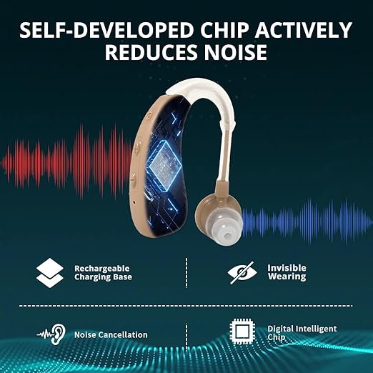 Hearing Aids For Seniors - Rechargeable Hearing Amplifier For Seniors Noise Reduction,4 Modes,Adjustable Volume, Comfort Design and Nearly Invisible,Behind The Ear,With Charging case（Dark Beige）