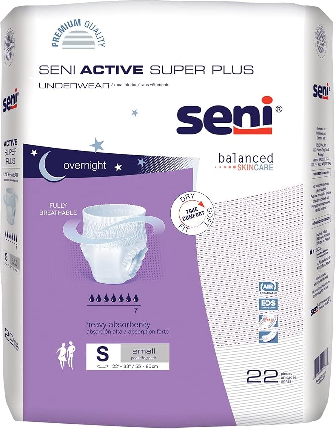 Seni Active Super Plus Unisex Adult Incontinence Underwear, Heavy Absorbency, Pull On Disposable Overnight Underwear for Men & Women (Small, 44, Count)