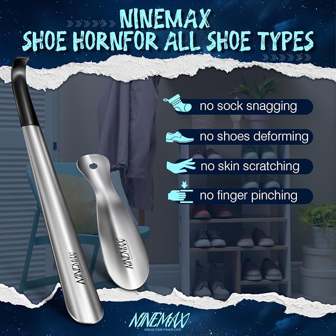 NINEMAX Extra Long Handle Shoe Horn (16.5") & (7.5") Travel Shoe Horns, 2 Pack Metal Shoe Horns for Seniors, Men, Women, Kids | 2 Size Shoe Horn Set, Stainless Steel Design, 16.5" Long Handle For Seniors, 7.5" Travel Size Fits Bags, Daily Shoe Helper