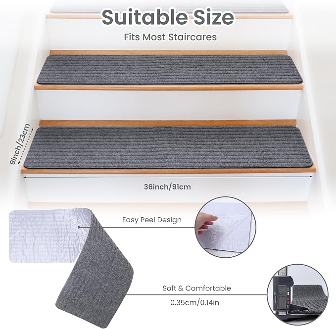 Extra Wide Non Slip Stair Treads for Wooden Steps 9" x36'' – 15 Pack Extra Wide Carpet Runners with Reusable Adhesive, Step Pads for Dogs, Kids, Seniors, Machine Washable – Dark Grey