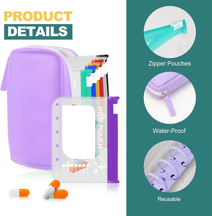 A7 Waterproof Pill Organizer with 7 PCS L Size Zippered Pill Pouches for A7 Binder, Large BPA-Free Weekly Medicine Organizer, Color-Coded Reusable Travel Pill Storage System