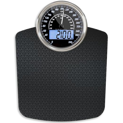 Hybrid Bathroom Scale - Analog & Digital Display, Accurate to 400 lbs | See weight on both an analog dial and digital LCD at once. Wide glass platform, accurate to 0.2 lbs, batteries included.