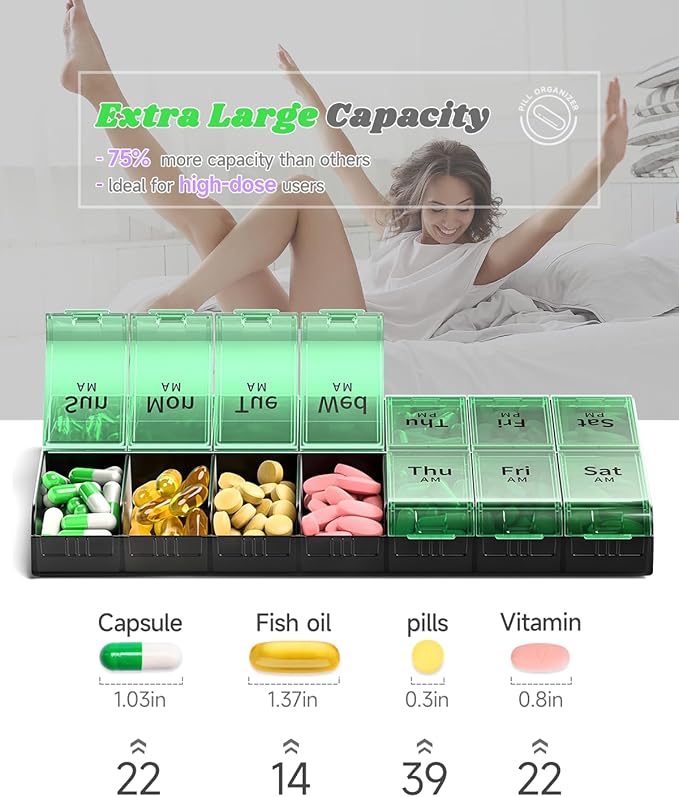 Extra Large Pill Organizer 2 Times a Day, XL 7 Day Pill Box AM PM, Jumbo Weekly Pill Case, Daily Night Oversized Medicine Organizer, Vitamin Holder, Big Pill Container, Twice a Day Pill Organizer
