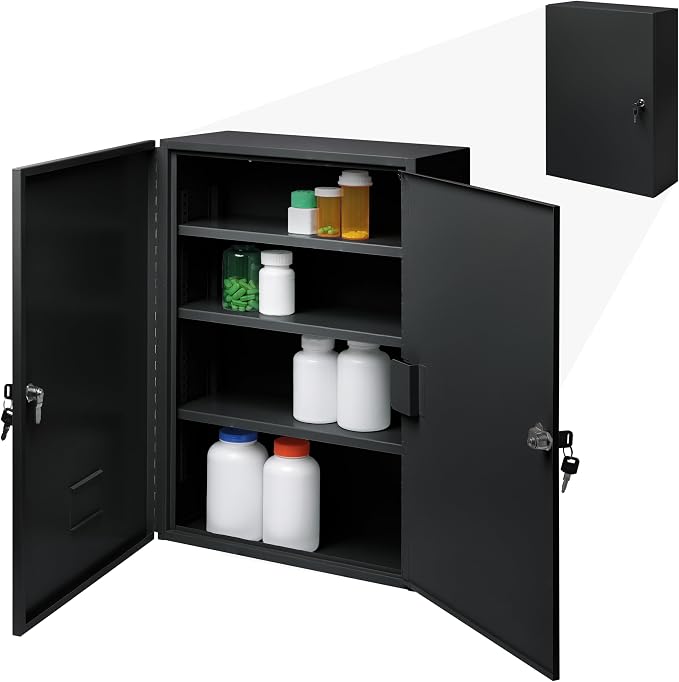 Durabox 2-Door Narcotics Cabinet - Double Door & Dual Key Lock Steel Cabinet for Safe Storage of Medicine, Prescription Drugs, Medical Supplies and More, 16"W x 24"H x 7-3/4"D (Black, Large)