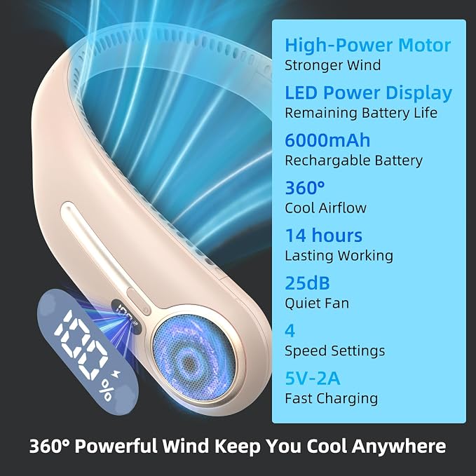 Portable Neck Fan, Personal Wearable Bladeless Fan, 6000mAh USB Rechargeable, 360° Airflow, LED Display, 4-Speeds, Hands Free Fan for Outdoor Indoor, Birthday Gifts for Men Women Dad Mom (Brown)