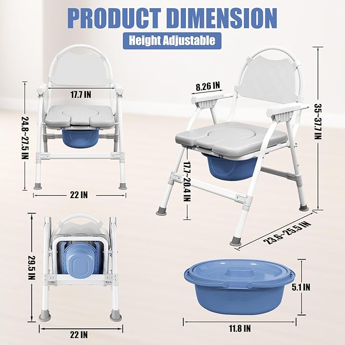 4 in 1 Folding Bedside Commode Chair for - Adjustable Height Adults Potty Chair with Arms, Back & 30 PCS Cleaning Bag for Seniors, Pregnant Women & Post-Surgery - Supports 360 lbs (PU Soft Seat)