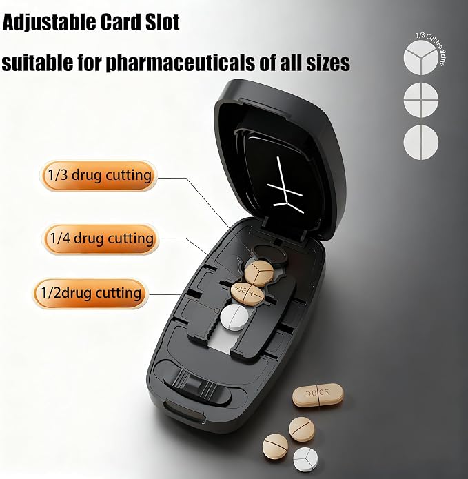 Pill Cutter Splitter for Small and Tiny Pills - Pill Cutter 1/4 - Accurately Cuts Multiple Pills - Easy Open Snap Button. Detachable Nonslip V-Shaped Pad. Wrap-Around Blade Guard. Back Storage (Black)