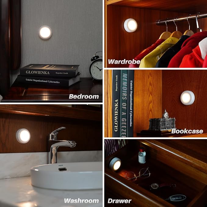 STAR-SPANGLED 2.8” LED Motion Sensor Lights Indoor AAA Battery, 6 Pack Warm | Stick on Puck Light Battery Powered, Round Motion Activated Night Lamps, For Closet Stairs Under Cabinet Kitchen Pantry Shelf