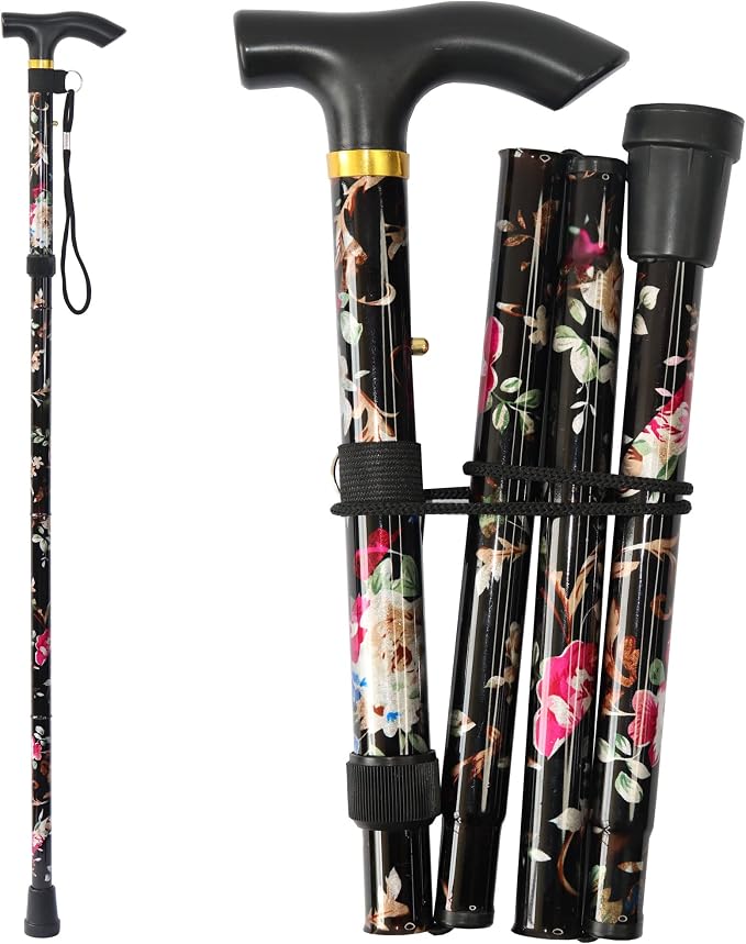 Folding Canes for Men and Women, Floral | 5-Level Adjustable Height, Lightweight Collapsible, Aluminum, Wrist Strap, T Handle, Walking Sticks for Seniors Adults