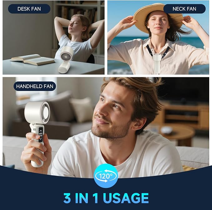 Portable Handheld Turbo Fan, 1-100 Gear Wind, Battery Operated, Up to 23 Working Hours, 3 IN 1 Personal Fan with Air Turbo Tech, Cooling Essentials for Indoor/Outdoor(White)