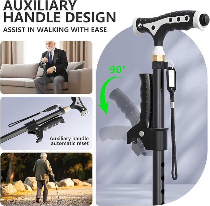Hold 440 lbs Walking Cane for Seniors Aluminum Alloy Lightweight Height Adjustable Walking Stick Heavy Duty Foldbale Free Standing Cane with LED for Men and Women Adults